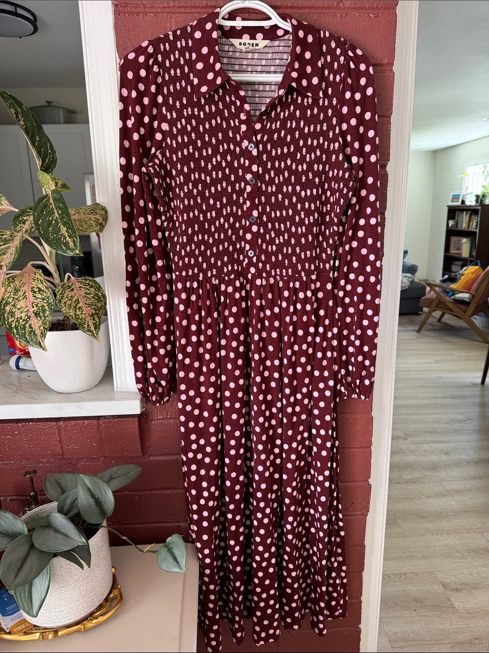Boden Maroon and Pink Polka Dot Long Sleeve Collared Smocked Jersey Maxi Dress 4